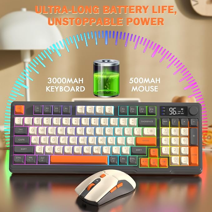 FREEWOLF T96 Smart Display Wireless Gaming Keyboard and Mouse Comb, 94Key LED Lighting Rechargeable Silent Membrane Keyboard with Knobs, 2000mAh Battery, 6-Button 4KDPI Mouse for Win/Mac(Glimmer)