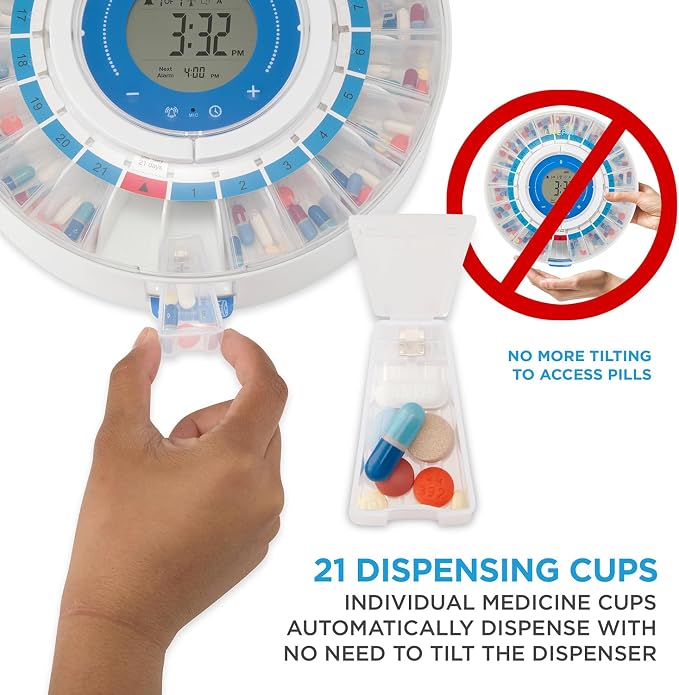 LiveFine Smart Pill Dispenser with WiFi & App, Removable Cups, 21 Compartments, 9 Dosage Rings, Alarm Reminder, LCD Display, Sound & Light Alerts for Vitamins, Supplements, Medications & Seniors