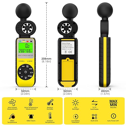 Anemometer & WBGT Heat Stress Meter, Digital Handheld Wind Meter Measures Wind Speed, Wet Bulb Globe Temperature, Humidity, Wind Temp, Outdoor Heat Index Monitor with WBGT Alarm, HVAC Wind Gauge 881W