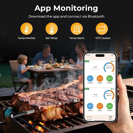 BlueSwan Bluetooth Meat Thermometer Digital, Food Thermometer Wireless 820 ft Range with 2 Color Probes with APP for Grill, Smoker, Oven, Magnetic Design for Cooking, BBQ, Birthday Gifts for Men Dad