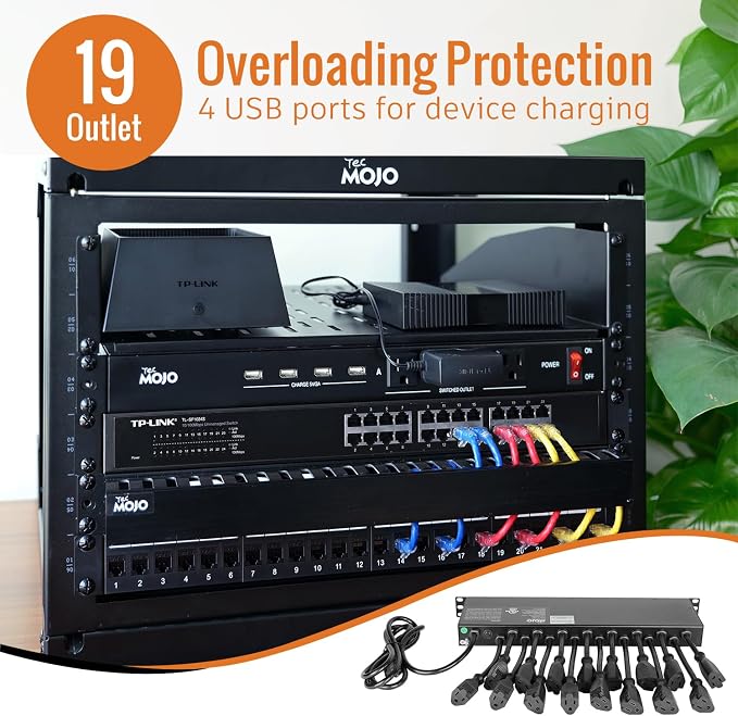 Tecmojo 1U Rack Mount 19 Outlet PDU Power Distribution Unit Circuit Breaker fits 19-inch AV/Network/Server Cabinet/Closet/Enclosure