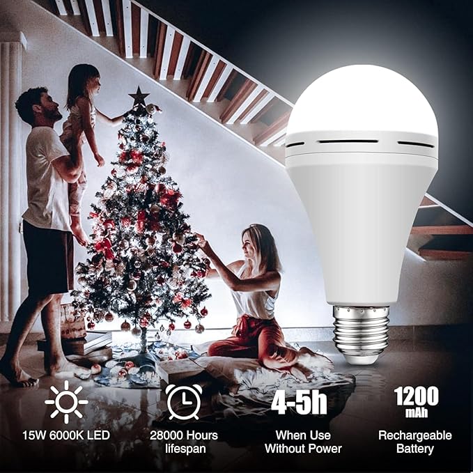 Neporal 4 Pack Emergency-Rechargeable-Light-Bulb, Stay Lights Up When Power Failure, 1500mAh 15W 80W Equivalent LED Light Bulbs for Home, Camping, Tent (E27, with Hook) (Daylight)