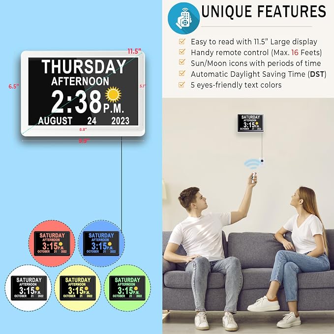 11.5 Inch Extra Large Digital Talking Clock with 27 Alarms, Auto DST, Talking Time, 20 Custom Reminders, 10-Level Auto Dimmer, Day Date Calendar Clock for Seniors Dementia Alzheimers, with Remote
