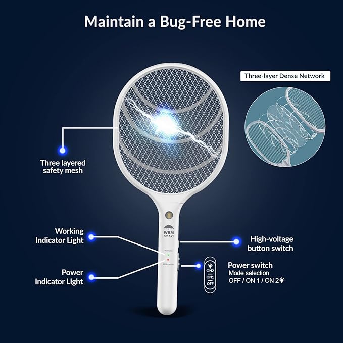 WBM Smart Bug Zapper with LED Night Light, 3,000 Volt Mosquito Electric Fly Swatter | USB Rechargeable |Fly Trap Racket Use for Indoor & Outdoor – 2 Pcs