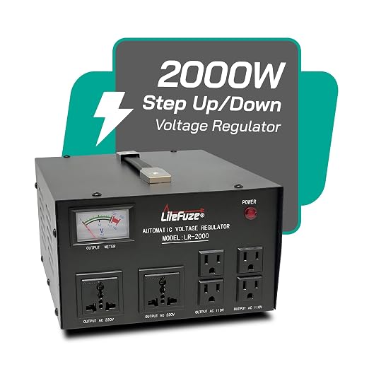 LiteFuze 2000 Watt Voltage Regulator with Transformer Step Up/Down 110V/220V - IEC Detachable Cord - Circuit Breaker (LR-2000)