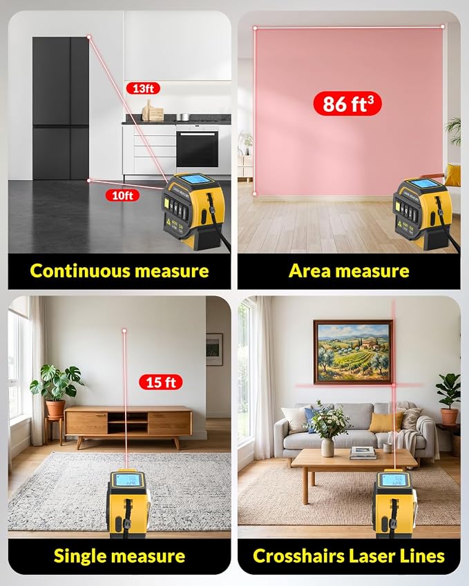 TEPU Laser Tape Measure 4-in-1, 197FT Laser Distance Meter with 16FT Auto-Lock Tape, Cross-Line Laser Level, Dual-Axis Angle, Backlit LCD, Distance/Area/Volume, Pythagorean Theorem & Angle Measurement
