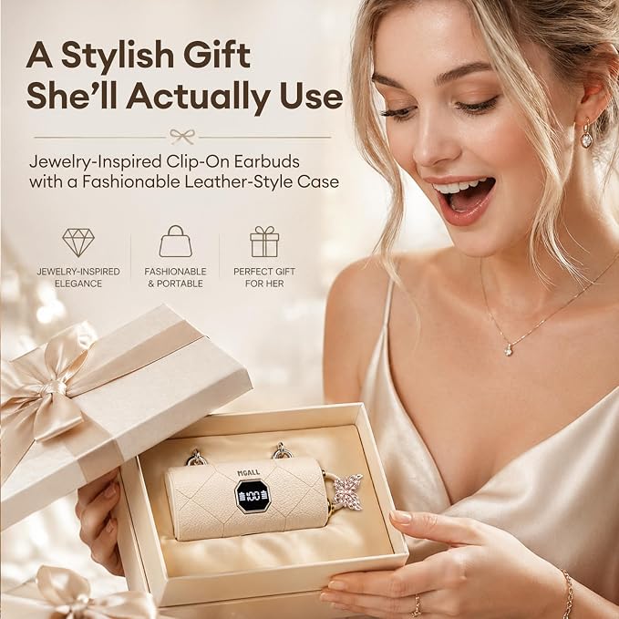 Clip On Earbuds with Detachable Gold Butterfly Earrings, Bluetooth 6.0 Open Ear Earbuds for Women, Led Display Leather Texture Charging, Comfortable Fit for Small Ear, Daily Wear&Gifts, X22 Beige