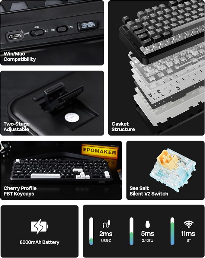 EPOMAKER TH99 Tri-Mode Wireless Mechanical Keyboard with 8000mAh Battery, Hot Swappable Custom RGB Gaming Keyboard with Numpad, Gasket Creamy for PC/Mac/Office (Black, Sea Salt Silent)