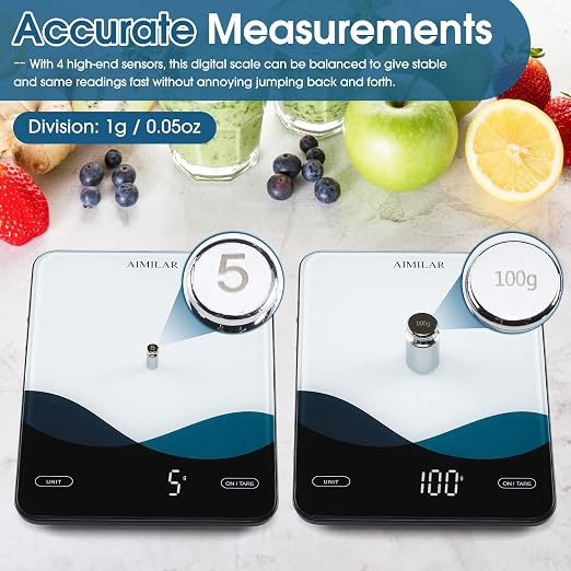 AIMILAR Bluetooth Smart Kitchen Scale 10kg/22lb - Nutrition Food Scale with App Calorie & Macro Tracker, 19+ Nutrients Analysis, USB-C Rechargeable, Tempered Glass, LED Display