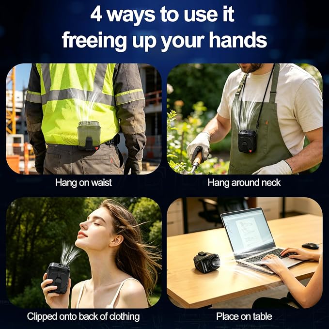 Portable Fan Rechargeable, 6 Speeds Waist Fan 6000mAh, 31H Strong Airflow Belt Fan, 4-in-1 Hands-Free Body Clip on Fan for Outdoor Construction Warehouse Work Gifts