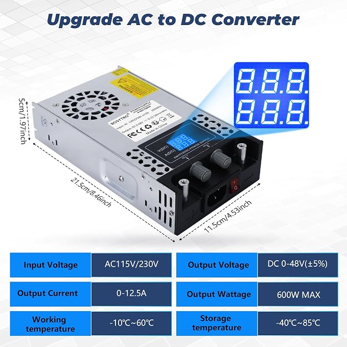 AC to DC Converter 60V DC Power Supply Adjustable 0-60V 0-10A SMPS Max 600W Switching Power Supply for Led Strip, Motor Pump, CCTV, 3D Printer, Lab Computer