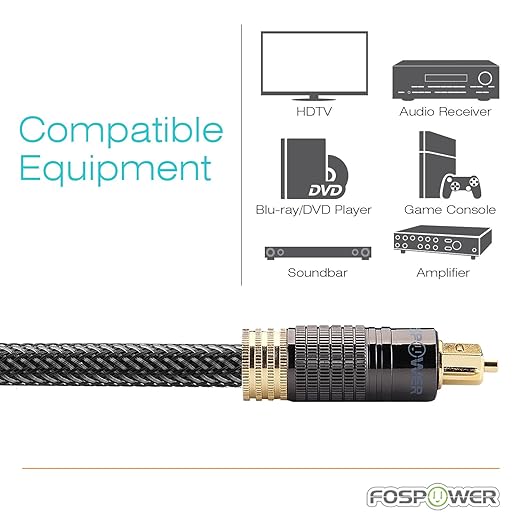 FosPower 24K Gold Plated Toslink Digital Fiber Optical Audio Cable (S/PDIF) - [Zero RFI & EMI Interference] Metal Connectors & Ultra Durable Nylon Braided Jacket (10ft)