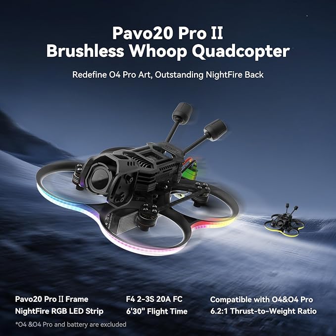 BETAFPV Pavo20 Pro II Brushless Whoop Quadcopter with HD VTX Bracket F4 2-3S 20A AIO FC, LAVA 1104 7200KV Brushless Motors, COB LED Strip Compatible with O4/O4 Air Unit Pro, for FPV Freestyle Shooting
