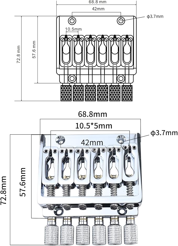 Headless Electric guitar Bridge with Brass Saddles Fixed Bridge for 6 String Headless Electric Guitar Replacement Parts （Chrome）