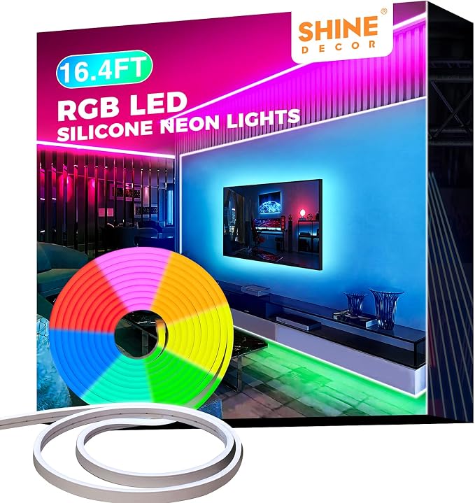 Shine Decor 12V LED RGB Neon Rope Lights Dimmable, 16.4FT Silicone Strip Lighting Remote Control, Flexible Hardwired LED Neon Light Color Changing for Custom Signage Bedroom Gaming Room Party