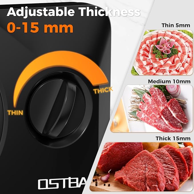 OSTBA Foldable Electric Food Slicer, Adjustable Thickness 0–15mm, 6.7” Stainless Steel Blade, 150W Motor, Portable & Easy-to-Clean, Meat, Cheese, Bread, and Vegetable Slicer for Home Kitchen, Black