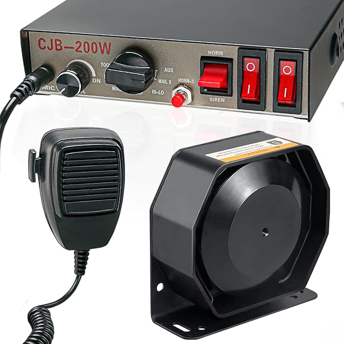 12V 200W 9 Tones Police Warning Emergency Siren PA System [Slim Speaker][125-135dB][Handheld Microphone][Hands-Free][2 x 10A Switches] for Firefighter Ambulance Vehicles Truck Car SUV ATV UTV