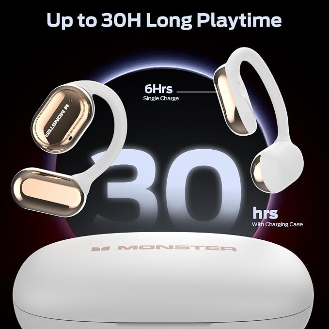 Monster Open Free AC100 Open Ear Bluetooth 5.3 Headphones, Wireless Earbuds with Earhooks, Immersive Stereo Sound by 16mm Large Driver, Clear Calls, 30H Playtime, Waterproof Sport Earbuds for Running