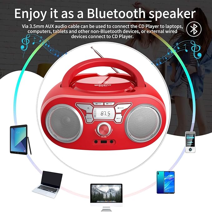 Portable CD Player Boombox with Bluetooth, FM Radio, USB Input, 3.5mm AUX and Headphone Jack, Clear Stereo Sound