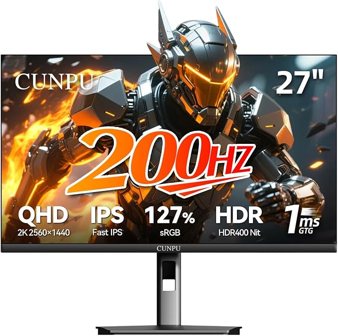 CUNPU 27 Inch 1440p Gaming Monitor 200Hz, 1ms, Fast IPS Screen, HDR400, 127% sRGB Color Gamut, Tilt Adjustable Stand, Adaptive Sync Technology, HDMI & DP Ports, 2K Monitor, Black