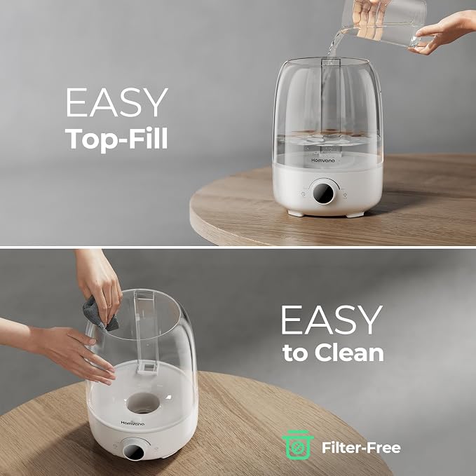 Homvana Humidifiers for Bedroom Diffusers - Top Fill 3.5L Cool Mist Humidifier Large Room, 40H Runtime Diffusers for Home, Air Humidifier for Plants, Baby Nursery, Essential Oil Diffusers (White)