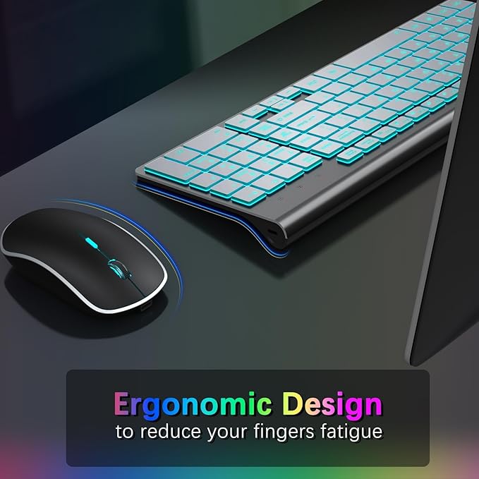 J JOYACCESS Wireless Keyboard and Mouse Combo with 7 Backlit Options,Quiet Light Up Keys,Type-C Rechargeable,Sleep Mode-2.4G Slient Portable Cordless Combo for Laptop/PC/Computer/Mac(Grey+Sliver)