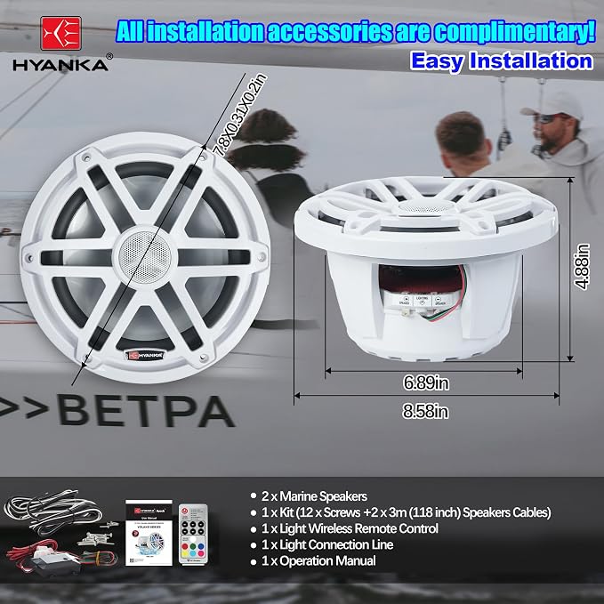 H YANKA HMS-08W 8" Marine Speakers - 1000W 2-Way IP67 Waterproof Boat Stereo System with LED Lights, High-Fidelity Coaxial Speakers, Y30 Magnet Woofer, UV & Salt Spray Resistant - 1 Pair (White)