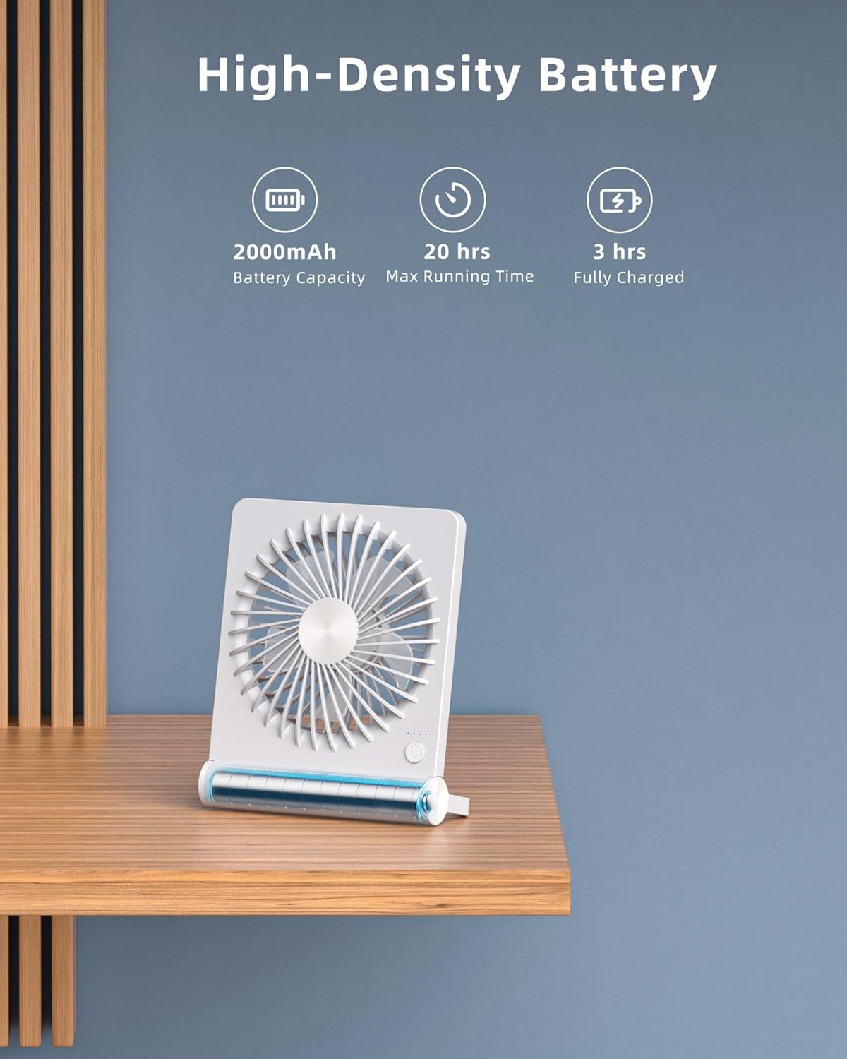 Koonie Portable Desk Fan, 3.5-20hrs Battery Operated Small USB Fan with Ultra Quiet 220° Tilt Folding, Rechargeable Personal Fan with 3 Speeds Strong Wind for Home Office Desktop, White