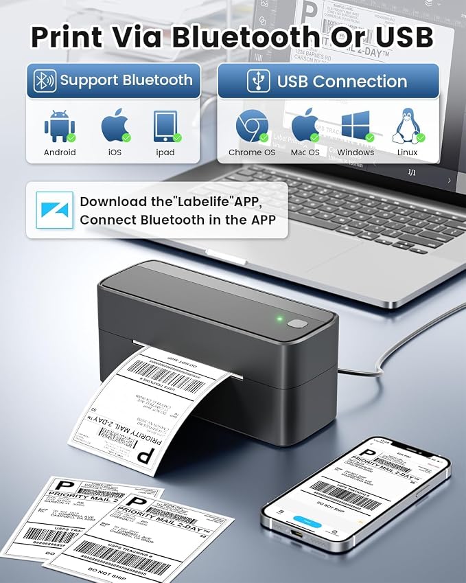 Phomemo 241BT Bluetooth Shipping Label Printer & Digital Shipping Postage Scale 66lb with 59In Tape Measure, 4X6 Wireless Thermal Printer for Samll Business, Label Printers for Shipping Package
