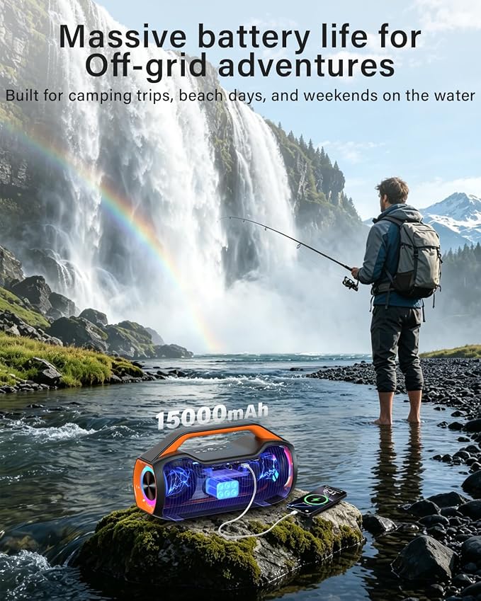 Portable Bluetooth Speaker Bass Boost, 120W Peak Loud Powerful Speakers Wireless w/2*Bass and 2*tweeters, 20H Playtime,IPX6 Waterproof, BT5.4, Suitable for Party, Beach, Camping,Outdoor,Large Jobsite