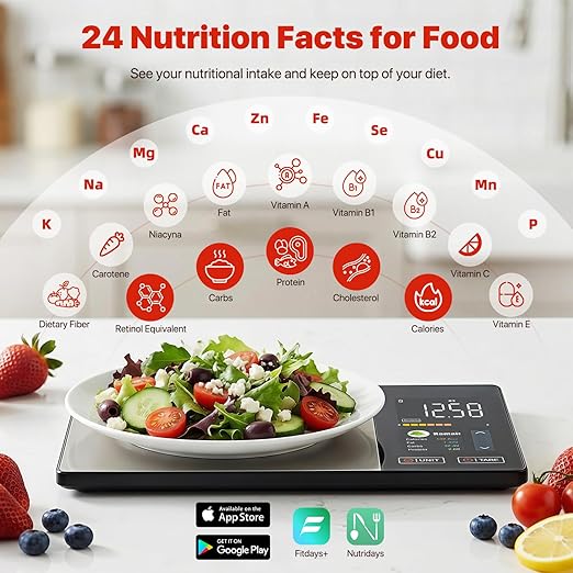 Smart Food Scale with Nutritional Calculator for Kitchen Tracks Calories, Fat, Carbs, Protein & Works with App for Healthy Eating Meal Prep, 50+ Foods & 23 Nutrients Built-in, TFT Display