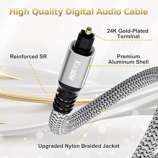 Optical Audio Cable 50 FT, Digital Audio Cable, Toslink Fiber Optic Cord, [Nylon Braided, Slim Aluminum Shell, Gold Plated Connector], for Home Theater, Sound Bar, PS4, Xbox, TV and More
