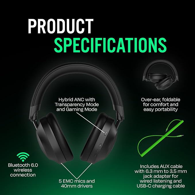 The Next Sound by Tiësto Noise Cancelling Headphones Wireless Bluetooth, MX41H Over Ear Headphones with Microphone, Hybrid ANC, 40H Playtime, Foldable Headset with AUX & Low Latency Gaming Mode