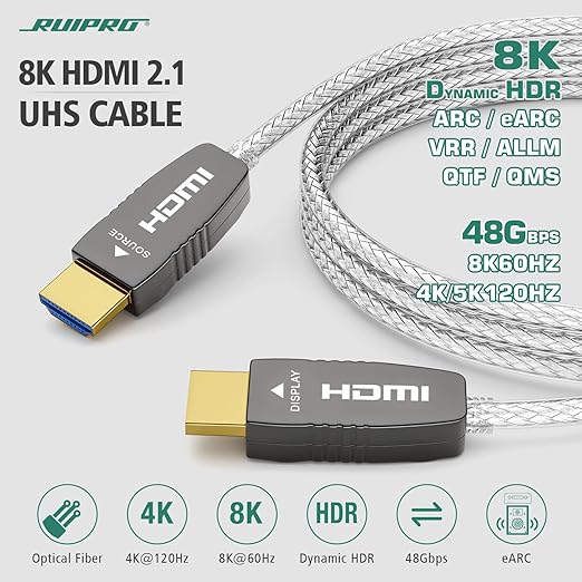 RUIPRO Crystal 8K HDMI Ultra High Speed Latest 2.1b Certified Fiber Optic Cable 25 feet 8K60Hz 4K120Hz 48Gbps eARC HDR HDCP2.3 for RTX4080/4090/3080/3090 Xbox PS5 AVR Projector LG/Samsung/Sony