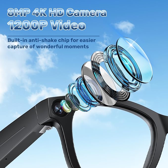 TREEFIA AI Smart Glasses with 1080P HD Camera, AI Real-Time Translation, Bluetooth Audio – Smart Glasses with Camera, Hands-Free Video Recorder for Travel, Sports, Outdoor Use (E03S Black)