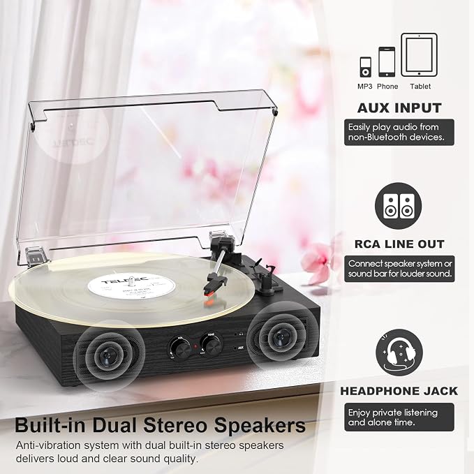 Vinyl Record Player with Built-in Speakers 3-Speed Vintage Record Player Support Treble& Bass Control, 3.5mm Headphone Jack, RCA-Out/Aux in, Belt-Driven LP Turntable,Black Wood