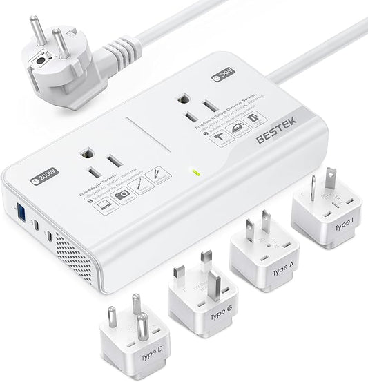BESTEK 220V to 110V Voltage Converter US to Europe, 2000W Universal Travel Adapter with 2 USB C Ports & 1USB-A Port for Hair Straightener