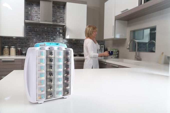 Medication and Supplement Pillbox Organizer, 3 ¾ in x 7 in - 28-Day Medicine Sorter - FSA and HSA Eligible – Monthly Medication Dispenser - Easy to Fill - 4-Week Pill Holder - Travel Friendly
