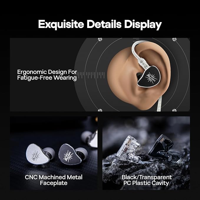 Linsoul Kiwi Ears Belle 10mm DLC Dynamic Driver in-Ear Monitor, HiFi Wired Earbuds with Dual Silver-Plated Cables, Professional IEM for Stage Performance/Gaming/Music Production (Typec MIC, Black)