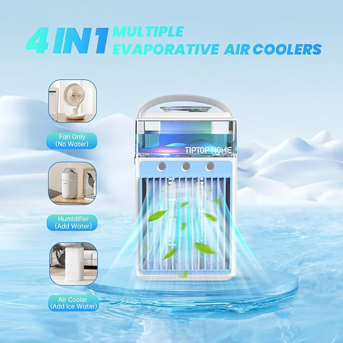 Portable Air Conditioner Fan, Rechargeable 5-IN-1 Personal Mini Cooler Humidifier, 3-Speed Evaporative Air Cooler with 7 Color Lights, Cordless AC Desktop Spray Fan, Quiet Desktop (White)