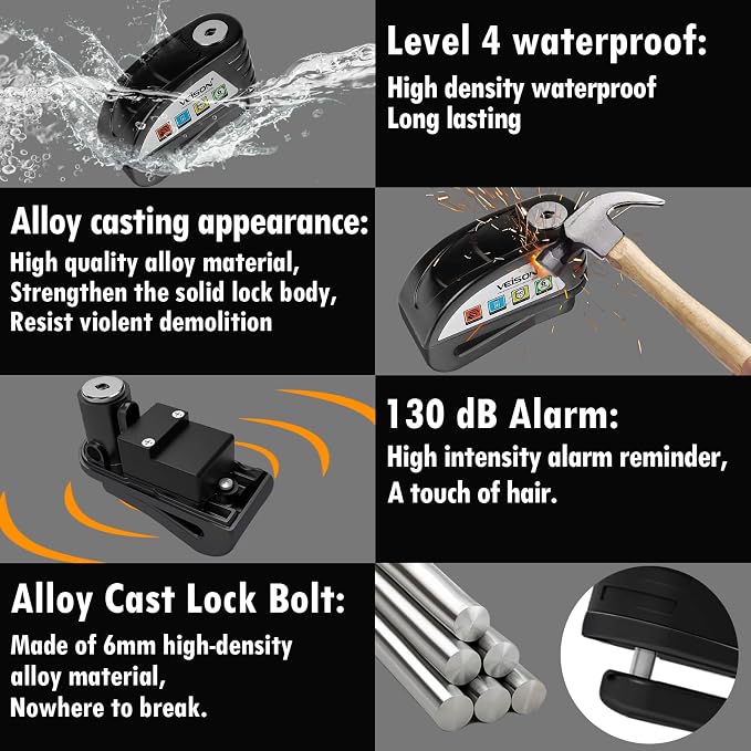Motorcycle Locks Anti Theft Alarm System 130 db,Disc Lock Wheel Lock Heavy Duty aAnti Theft,Security Uncuttable Lock,Apply to Ebike Moped Mountain Moped Dirtbike,Motorcycle Accessories for Men (Black)