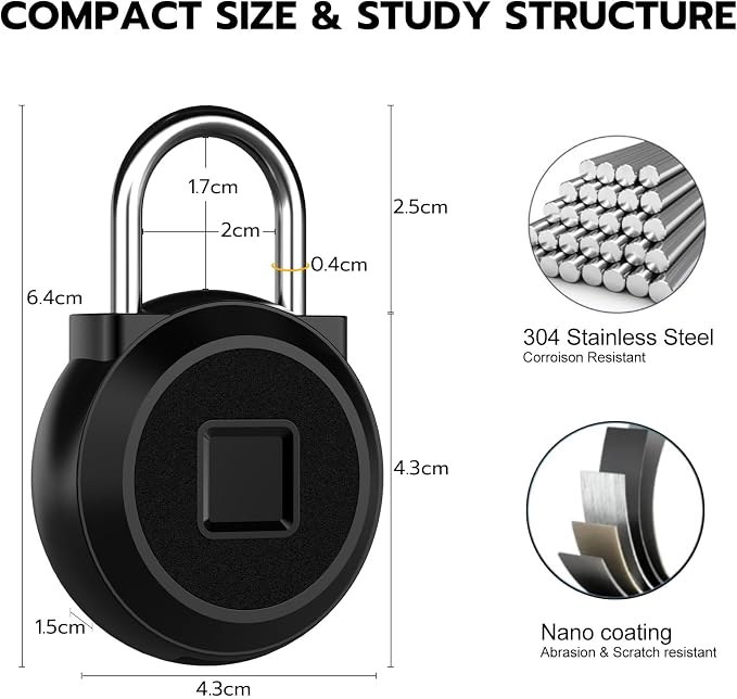 Gym Locker Padlock Fingerprint Padlock eLinkSmart - Waterproof Keyless Smart Lock Bluetooth App Authorized View Record Combination Padlock for School Gym Locker Gun Case Field Box Black