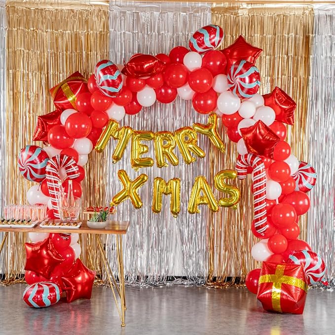 Restaurantware-Balloonify Christmas Balloon Arch Kit, 1 Holiday Decoration Kit - 138 Balloons, With Chain, Red And White Latex Balloon Arch Kit, Includes Glue Dots, Ribbon, Knot