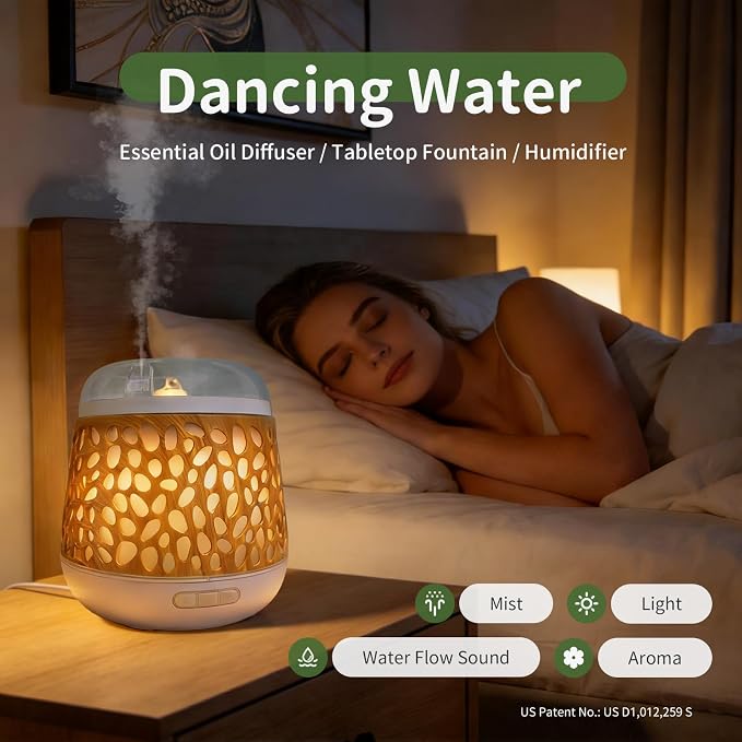 Weljoy Dancing Water Essential Oil Diffuser with 8 Colors Night Light, Multiple diffusing Modes, Humidifier, Relaxing Water Flow Sounds, White Noise, 500ml Water Tank, Mood Light for Home Decor (DW01)