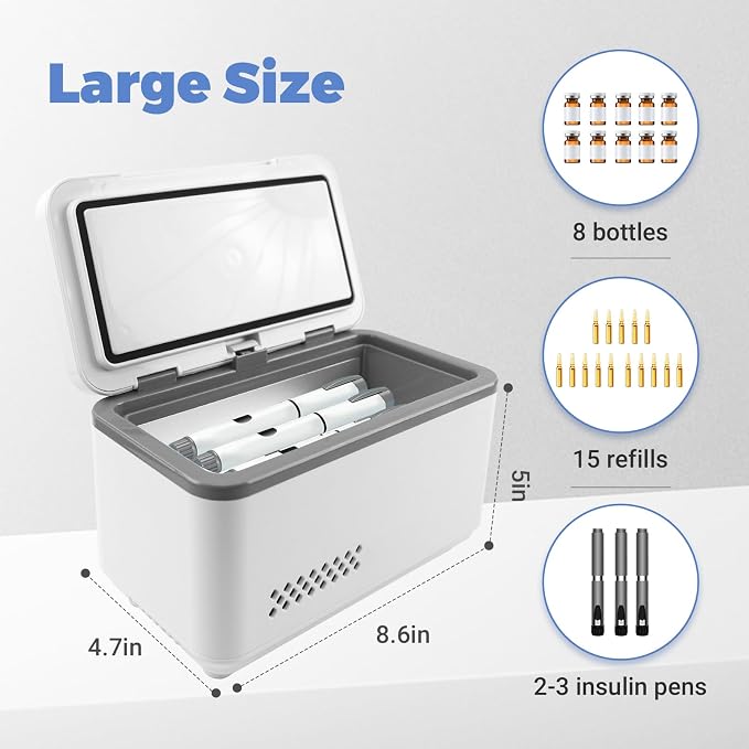 Electric Insulin Cooler Travel Case, Mini Insulin Fridge for Storage, Portable Insulin Refrigerator, ‌Large Capacity Diabetic Fridge Box for home,travel, Rechargeable Battery, Temperature LCD Display