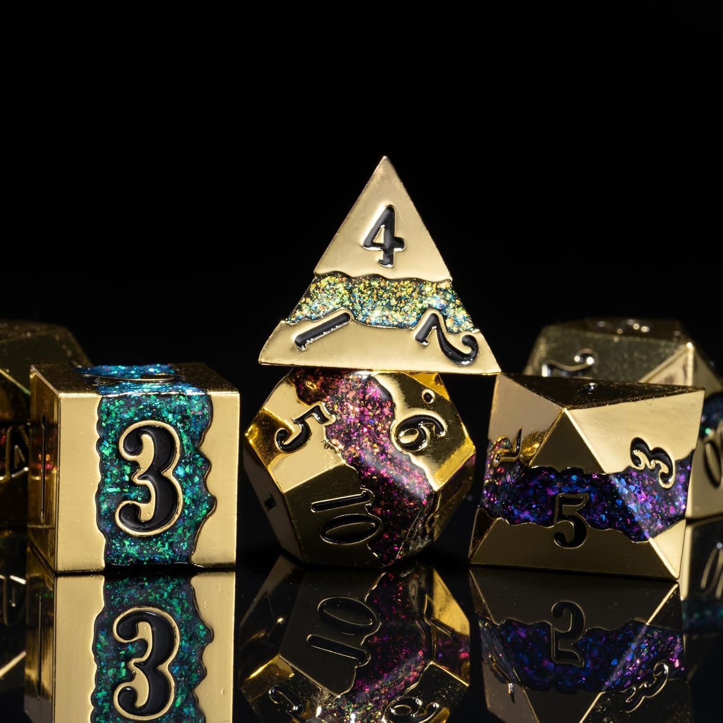 Metal DND Dice Set,Mica Glitter Stripe Dice Set with Gift Box,Metallic 7pcs Polyhedral Dice Set for RPG