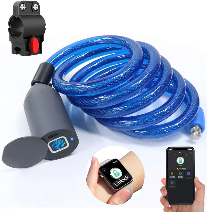 Anweller Fingerprint Cable Lock, 4.9FT Long Heavy Duty Anti Theft Bike Lock, Weatherproof Keyless Biometric Bluetooth App Smart Lock for Bicycle Scooter Lawnmower Skateboard Snowboard Ski - Dark Blue