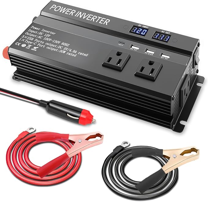 1200W Peak Power Inverter, Inverter 12v to 110v with Fast Charging 2.4A USB、Type-c and 3 AC Outlets Ideal,Power Converter Car for Road Trips, Camping, Rv, Truck, and Camping Power Needs