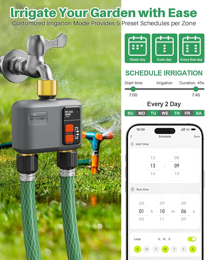 WiFi Sprinkler Timer 2 Zone with 984 Feet RF Gateway/Brass Inlet & Outlet, 2 Outlet Smart Water Timer for Garden Hose with Rain Delay/Manual/Automatic,WiFi Water Hose Timers for Garden & Lawns