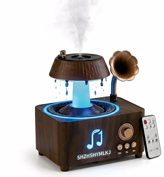 Vintage Record Player Diffuser with Bluetooth, 7-Color Lights & 7 White Noises, Ultrasonic Aroma Diffuser, 3H/6H Timer, Raindrop Rotation, Auto Shut-Off, Remote, for Home Office Decor